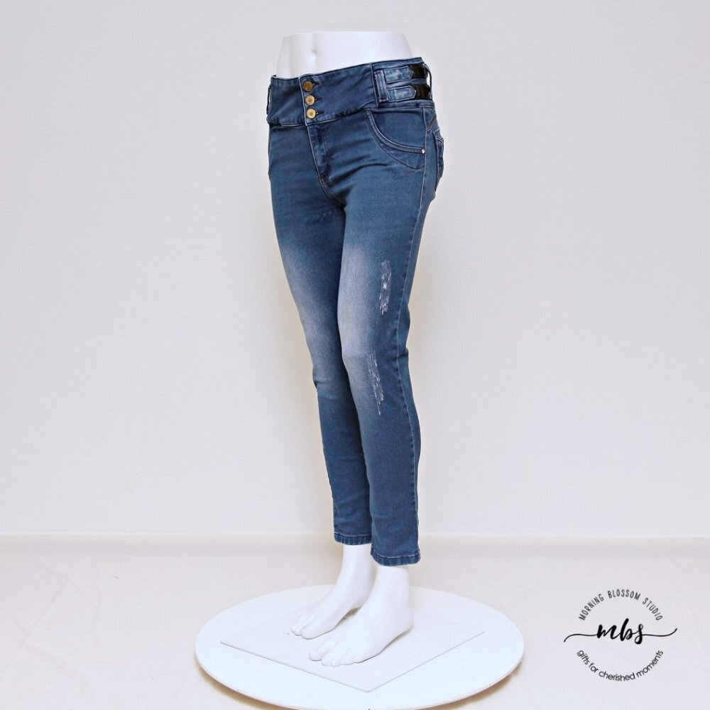 Tissini Colombian Jewel Faux‎ Leather Distressed High Waist Button Fly Zip Jeans